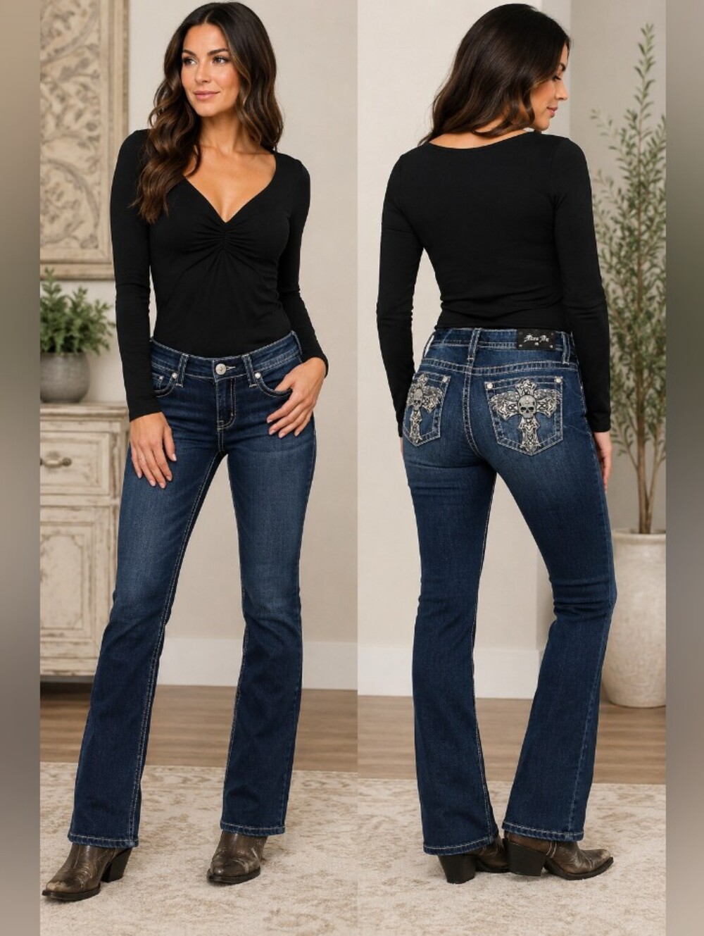 Miss Me Women's Mid Rise Boot Cut Jeans 32x32 NWT Skull Cross Embellished